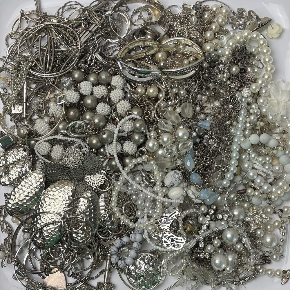 Curated Craft Jewelry Lot - 4 lbs Shiny Silver Tone Metallic White Faux Pearl